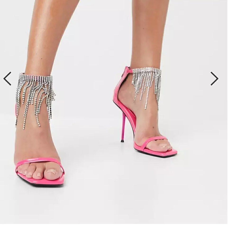 ASOS Public Desire Redemption heeled sandals with rhinestone fringe in pink us 6